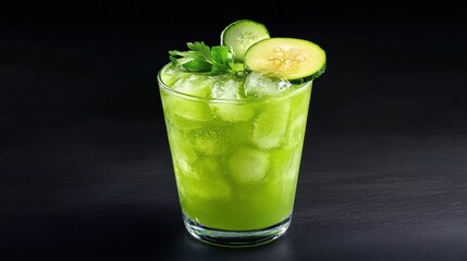 Green drink with ice cubes and cucumber slices in a glass.