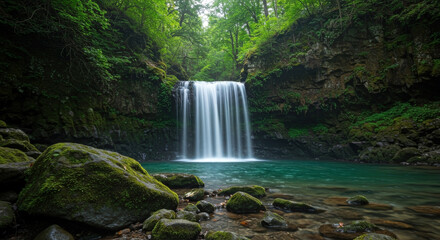 Obraz premium Majestic waterfall cascading into blue pool surrounded by lush green forest, moss-covered rocks. wilderness sanctuary. Pristine landscape. Peaceful meditation retreat. Water conservation. Ecotourism