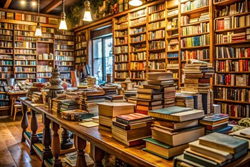 Obraz premium Used Bookshop Overflowing with Literary Genres: A Documentary Photography Stock Image