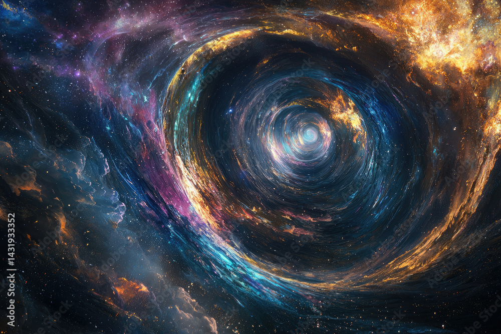 Poster A swirling cosmic vortex, vibrant nebulae and stars converge towards a bright central point, creating a mesmerizing display of space.