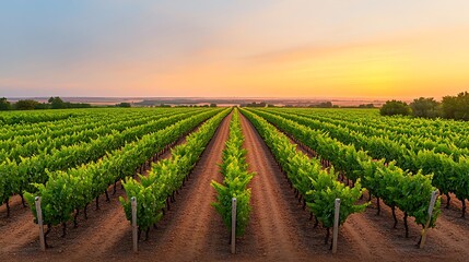 Lush Vineyard Rows Thrive Under a Golden Sunset Horizon, Promising a Bountiful Harvest