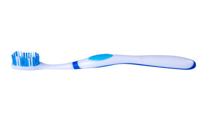 Blue and white adult toothbrush with soft bristles on black background