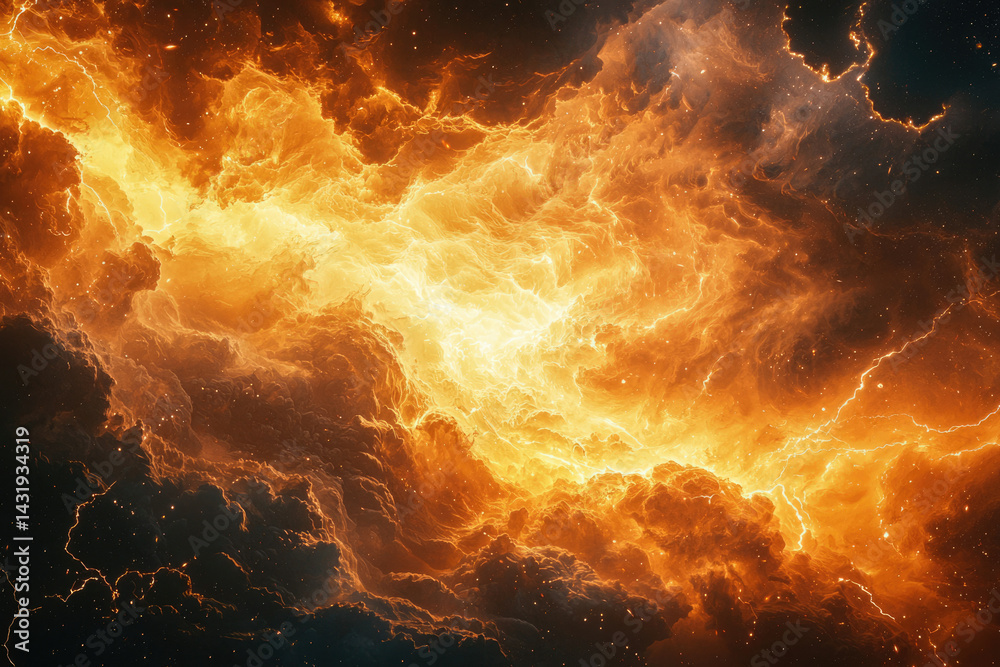 Poster fiery cosmic clouds with bright lightning streaks illuminate the dark expanse of space.