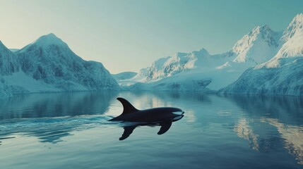 Fototapeta premium Majestic orca glides through icy fjord landscape.