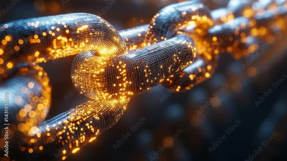 Aufkleber Interlocking Link Chain: A close-up perspective of a metallic chain, showcasing glowing particles that symbolize the interconnectedness and digital future.