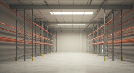 Empty warehouse interior with industrial shelving for storage solutions