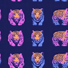 Obraz premium Vibrant Tiger Pattern: Neon Pink and Blue Big Cats on Dark Blue Background