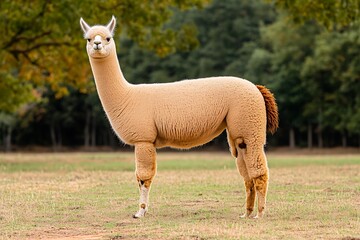 Fototapeta premium Serene alpaca grazes in meadow, a woolly charm under soft sunlight, peaceful rural scene of excellence