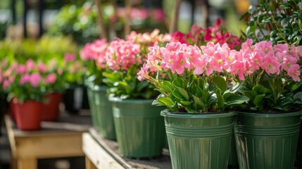 A group of pink orchids in green pots, placed on stands in a garden plant shop, blooming plants ready for sale
