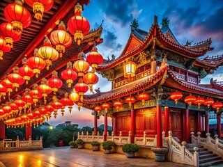 Fototapeta premium Vibrant Chinese New Year Temple Festive Celebration Ornate Architecture Red Lanterns Bold Backdrop
