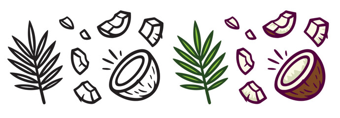 Tropical illustration of coconut halves, fragments, and palm leaf in hand-drawn cartoon style isolated on white background