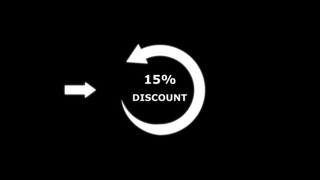 Abstract white arrow indicator isolated circle persent and discount, less, upto, text animation on black background. Sale, 15% off discount. animation for e-commerce and online shop in 4K resolution.