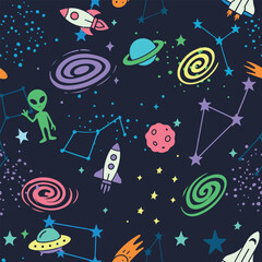 Seamless space pattern with planets, constellations, comets, stars, galaxies. Colorful cosmic background in cartoon style