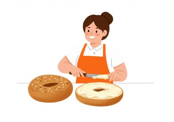 Cheerful baker spreading cream cheese on bagels in a bright kitchen scene