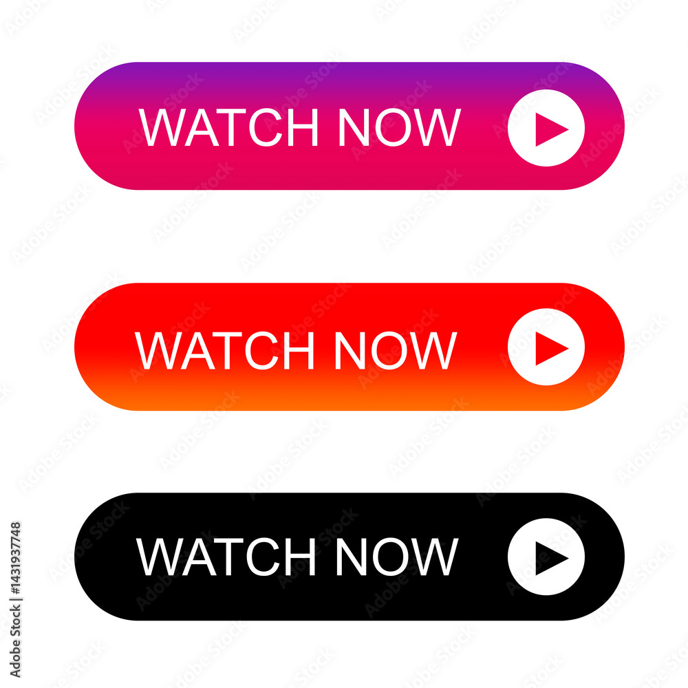 Wall mural buttons for web, watch now buttons interactive elements for siteweb and app