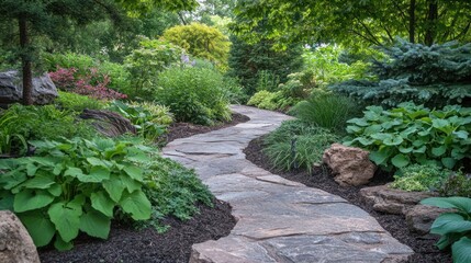 Obraz premium Stone pathway winds through a lush green garden with various plants and trees.