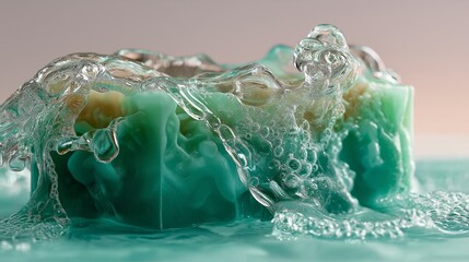 Bubbles and waves surround vibrant turquoise soap in serene setting