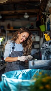 woman repairing washing machine with tools in workshop, focus on technical expertise and problem-solving