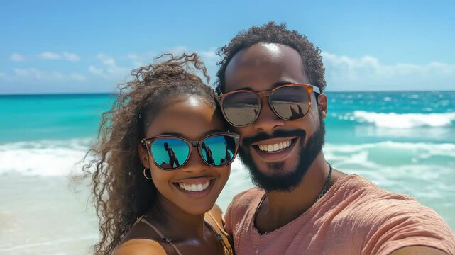 Happy black couple taking a selfie on a sunny beach, both wearing sunglasses and smiling, with ocean waves and a clear blue sky enhancing the perfect summer vacation atmosphere. 