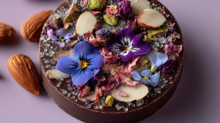 Luxurious round vegan chocolate disc adorned with dried flowers and almond slivers