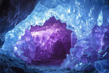 Obraz premium A mesmerizing cave of giant purple and blue crystals, illuminating an enchanting subterranean world.