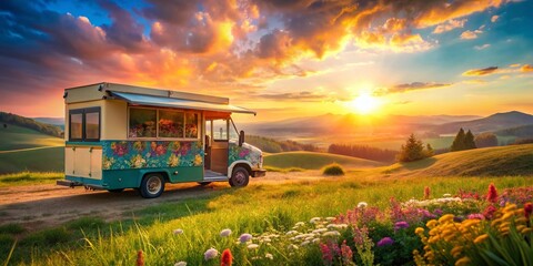 Vibrant Food Truck at Sunset, Rustic Landscape, Delicious Street Food