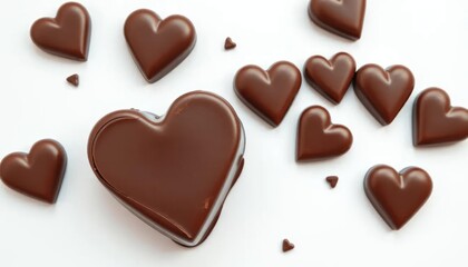 Heart-shaped chocolates scattered on white background