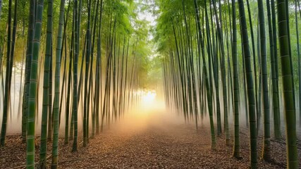 Serene bamboo forest path with dense green stalks and golden sunlight filtering through hazy mist, creating a peaceful natural landscape. - Powered by Adobe