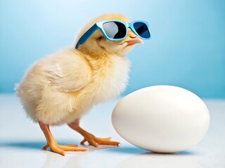 A chick wearing sunglasses standing next to a white egg on a light blue and white surface scene image
