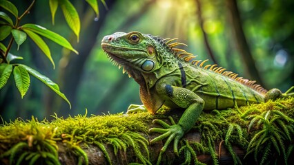 Vibrant Green Iguana Basking in Lush Tropical Rainforest - Stock Photo