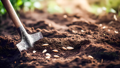 Scattered seeds on the soil next to a wooden shovel