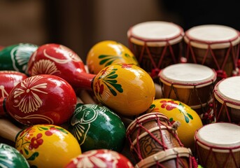 Fototapeta premium Close-up of painted maracas and drums showcases a variety of textures and vibrant colors.