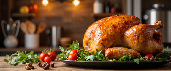 Whole roasted turkey with fresh herbs in rustic kitchen, holiday feast