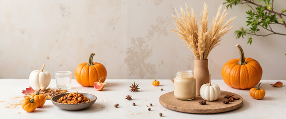 Minimalist autumn centerpiece with pumpkins and spices, seasonal warmth