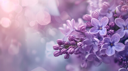 Close up of purple lilac flowers with soft focus background and bokeh lights in a dreamy scene