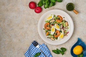 Salad of fresh cucumber, radish and eggs with seafood in a ceramic plate on a light concrete background. Salad recipes.