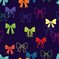 Seamless pattern with colorful bows in girly playful style on dark background. Bright cute design for kids and fashion