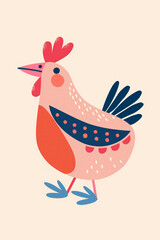 a stylized rooster in shades of red, pink, and blue on beige background, great for farm-themed designs and children's media.