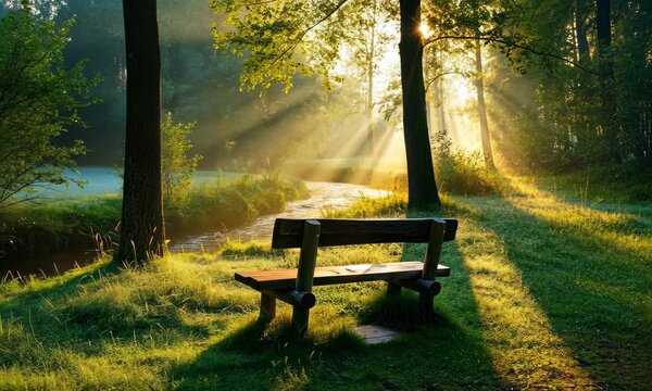 Serene forest scene with sunlight filtering through trees onto bench beside stream
