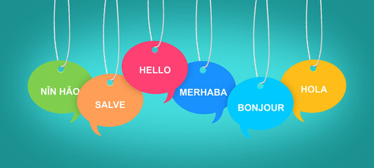 Paper speech bubbles with greetings in different languages hanging on dark turquoise background. Banner design © New Africa