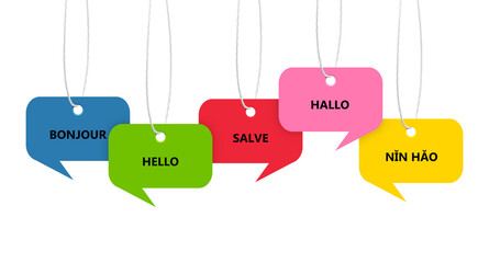 Paper speech bubbles with greetings in different languages hanging on white background. Banner design © New Africa