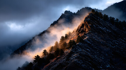 Silent mountain ridge fading into glowing evening mist.