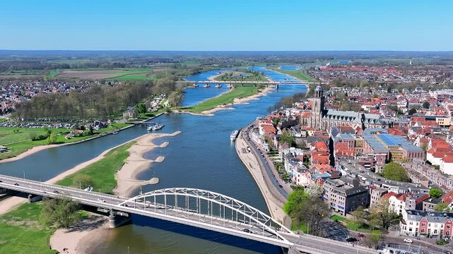 Aerial from the historical city Deventer at the river IJssel in the Netherlands