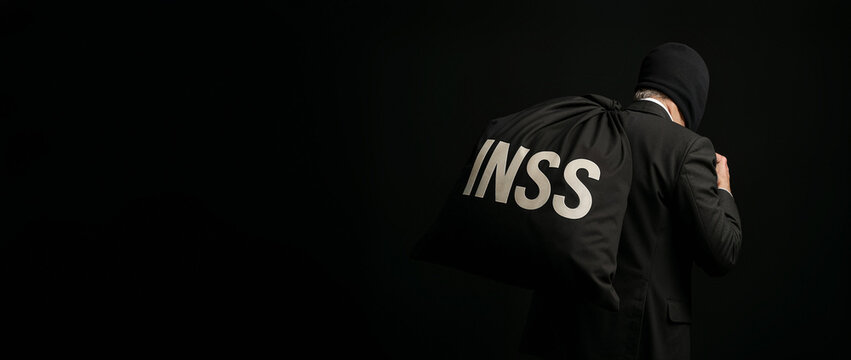 Financial Scandal Allegory: INSS Theft Under Darkness. INSS fraud. 