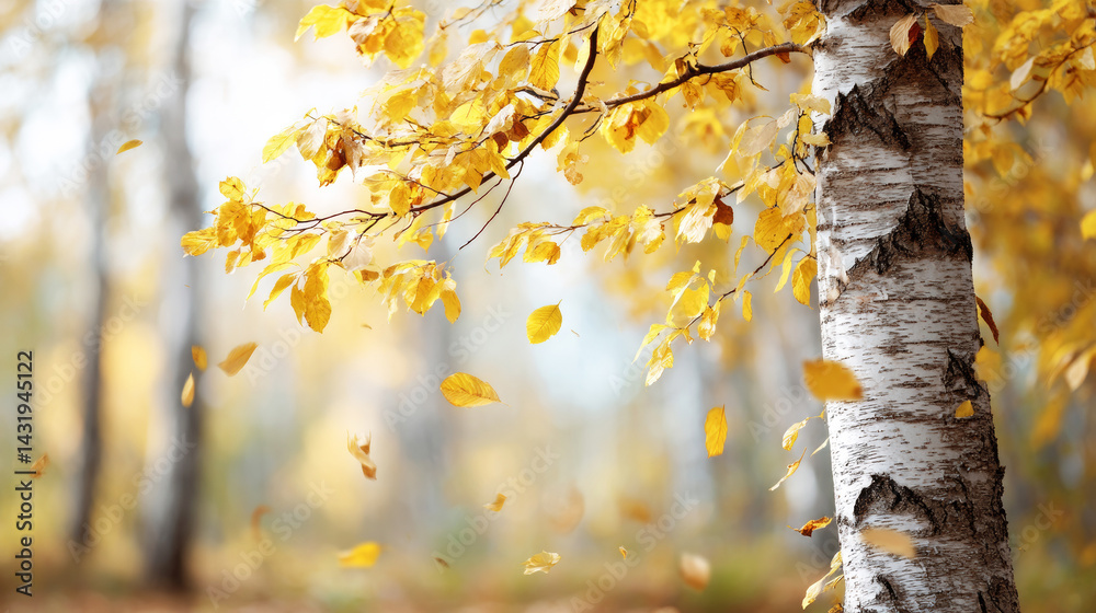 Wall mural yellow leaves falling from a birch tree branch in a peaceful autumn forest, creating a serene and mi