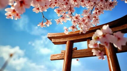 Blooming Pink Sakura Tree and Wooden Torii Gate Under a Blue Spring Sky - Powered by Adobe