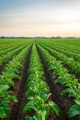 Verdant Rows Thriving Crops Reach for the Gentle Dawn Light in a Symmetrical