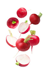 Fresh ripe radishes falling on white background
