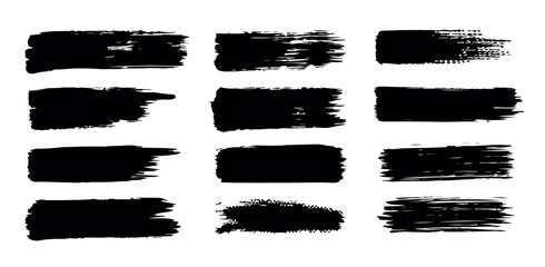 Collection of grunge-style black brush strokes with rough textures and paint edges, isolated on white background