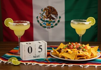 Cinco de Mayo celebration with margaritas, nachos, and the Mexican flag to mark the special day.